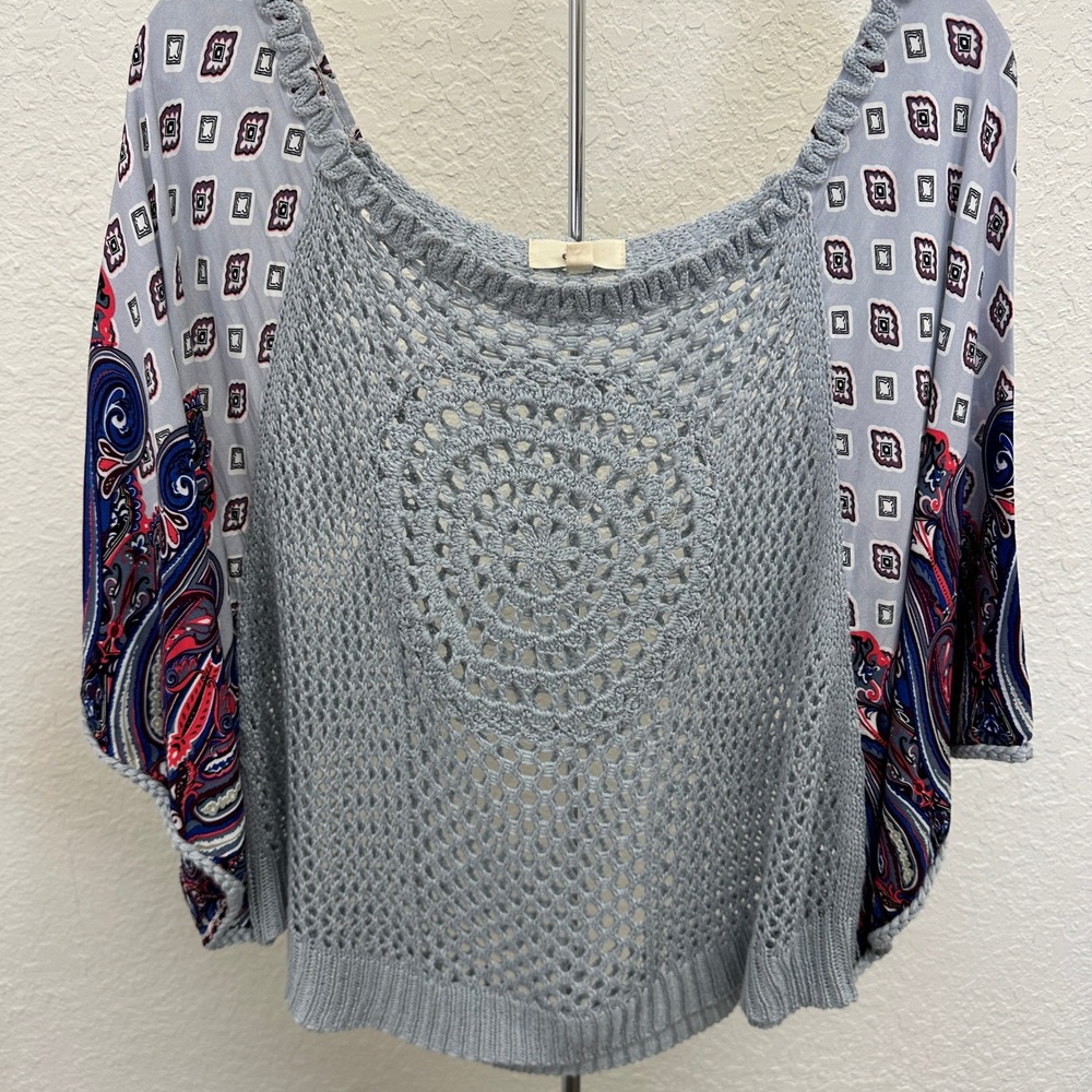 Entro Womens Crochet Knit Paisley Mixed Media Top Blue Boho Scoop Neck M T4404